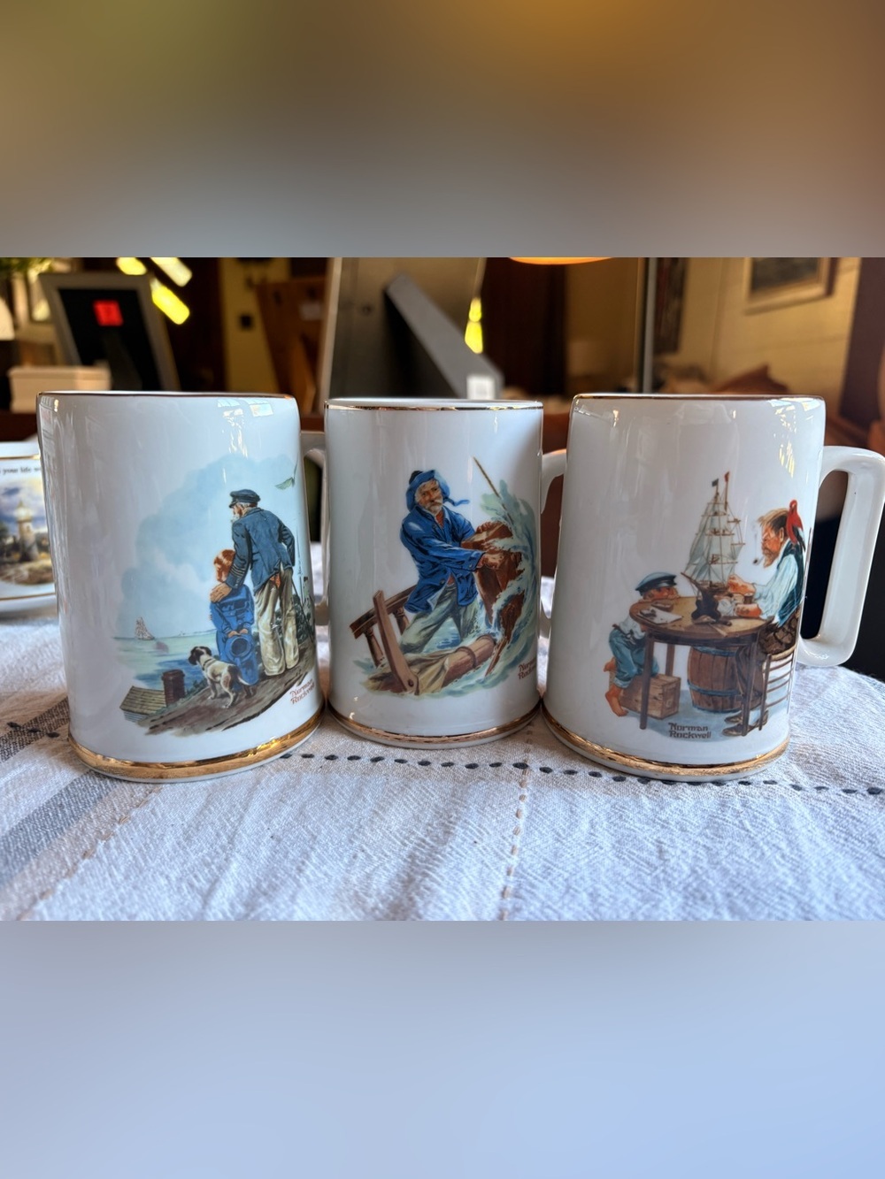 Lot of 3 Vintage Norman Rockwell Tankards Nautical Porcelain Mug Gold Trim